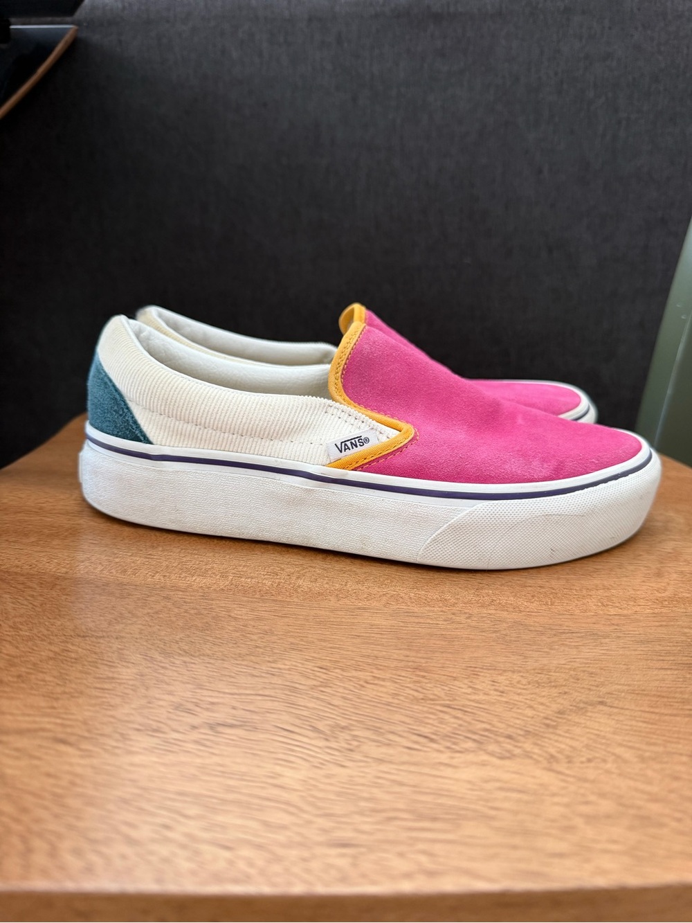 Vans Women’s Slip-On Platform Sneakers in Pink, Cream & Green with Yellow Trim